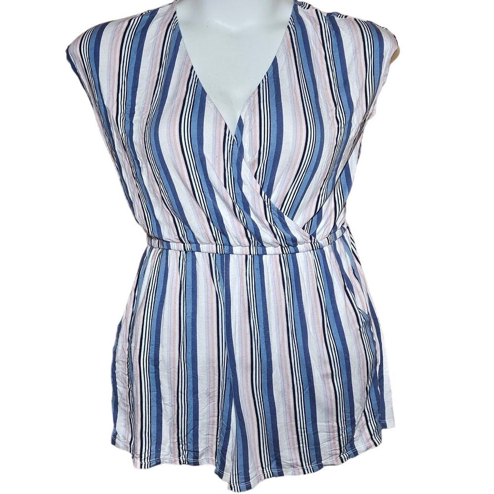 Blue and White Striped V Neck Romper with Pockets Size Medium